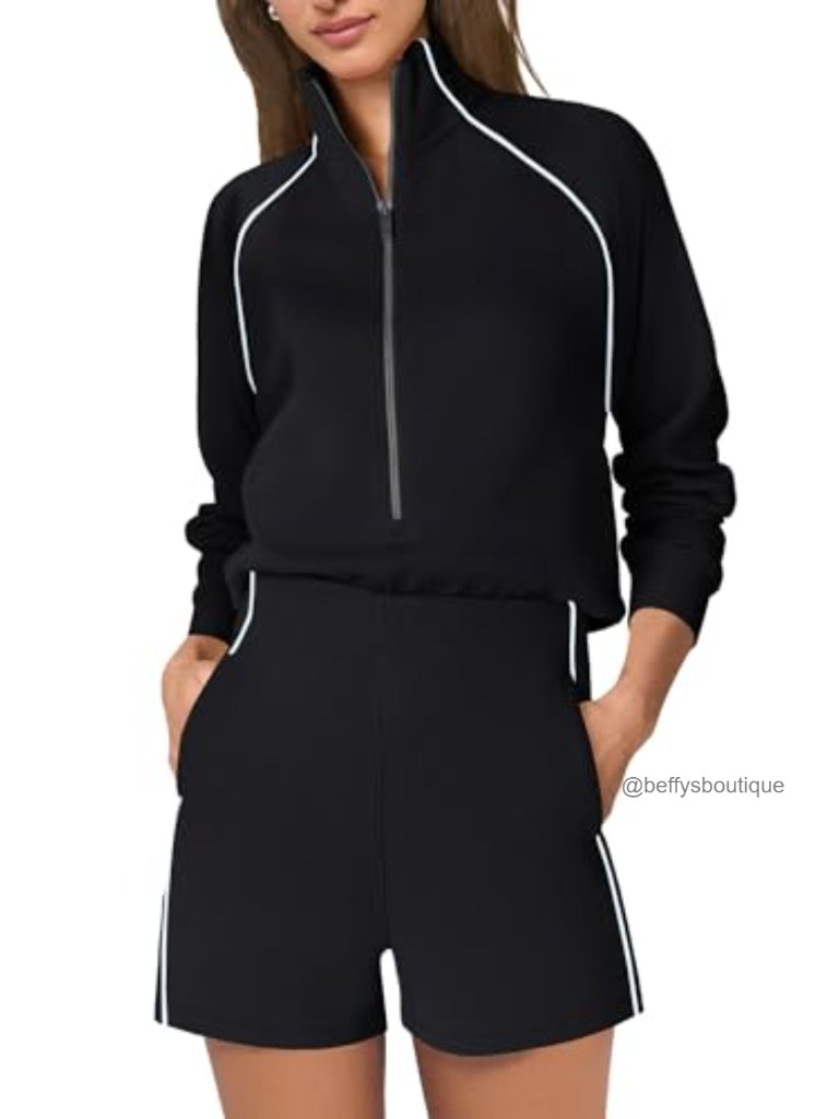 Womens Long Sleeve Romper One Piece Jumpsuit Mock Neck Zipper Wide Leg Shorts
